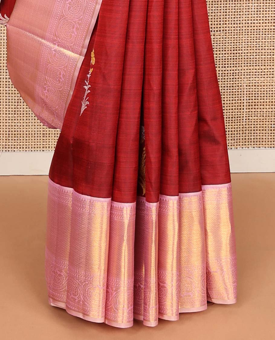 Crimson red floral buttas Kanchipuram korvai silk saree, contrast neer korvai border of thilakam mokku, muthu, kathir, and kodi visiry designs, and zari woven pallu