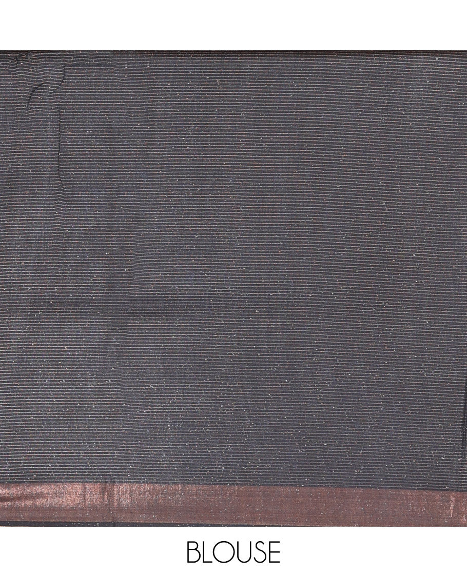 Black Tussar Silk Saree, Colorfully Printed with Floral Motifs, and Sparsely Woven Checks On Its Body, a Subtle Border, Striped Pallu, and Paired with Matching Blouse