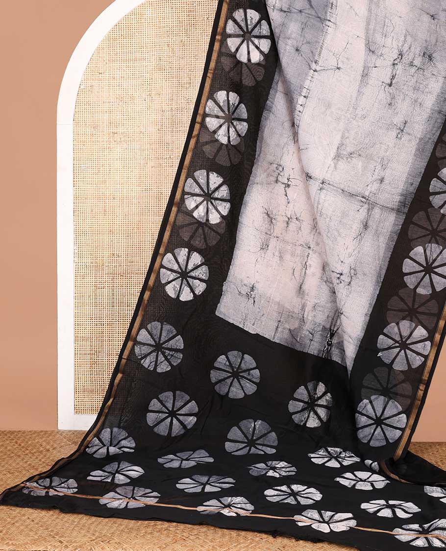 Grey hanblock batik printed chanderi cotton saree with contrast wax block printed border & hand block printed pallu along with plain blouse