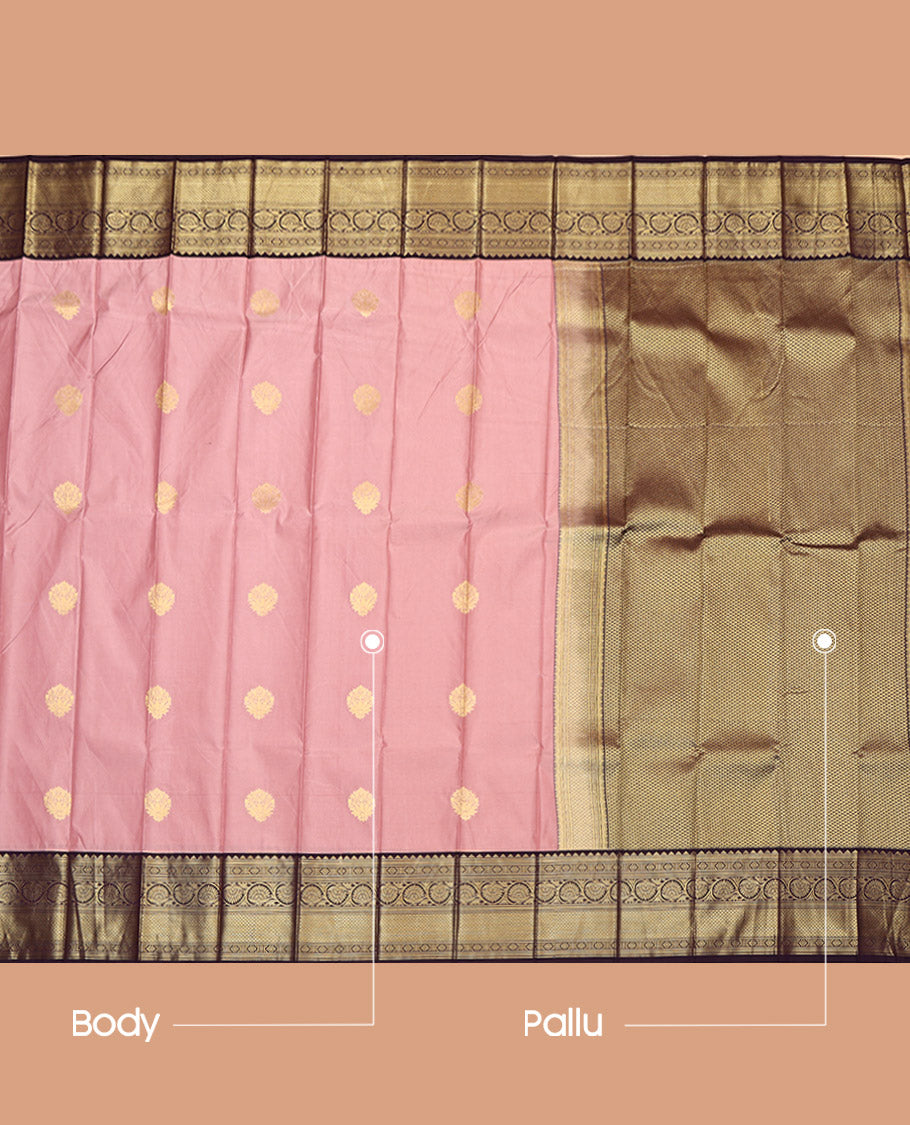 Rosewood Pink Budget Silk Saree, Delicately Woven with Zari Buttas on Its Body, Complemented by a Contrast Traditional Zari Design Border, Intricately Designed Pallu, and Paired with a Contrast Blouse