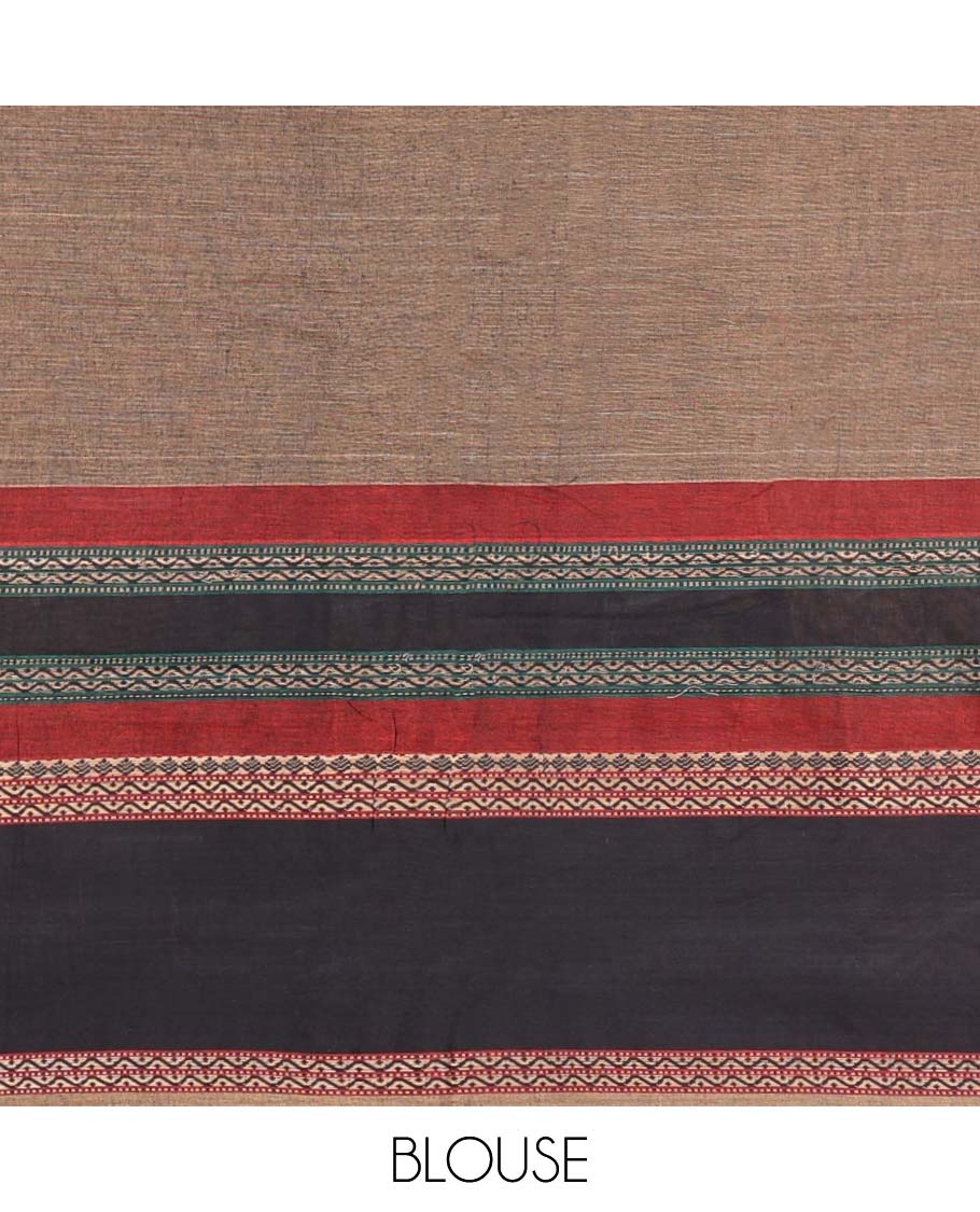 Brown cotton half saree with contrast striped zari border, plain blouse & plain with striped zari border dhavani