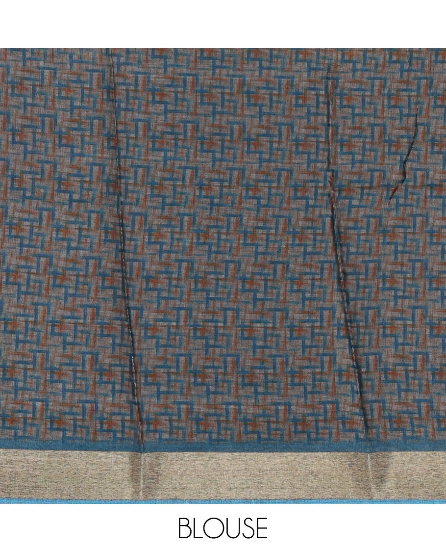 Blue-base colorful abstract printed black spun linen saree, zari piping border, colorful floral printed pallu & geometric printed blouse