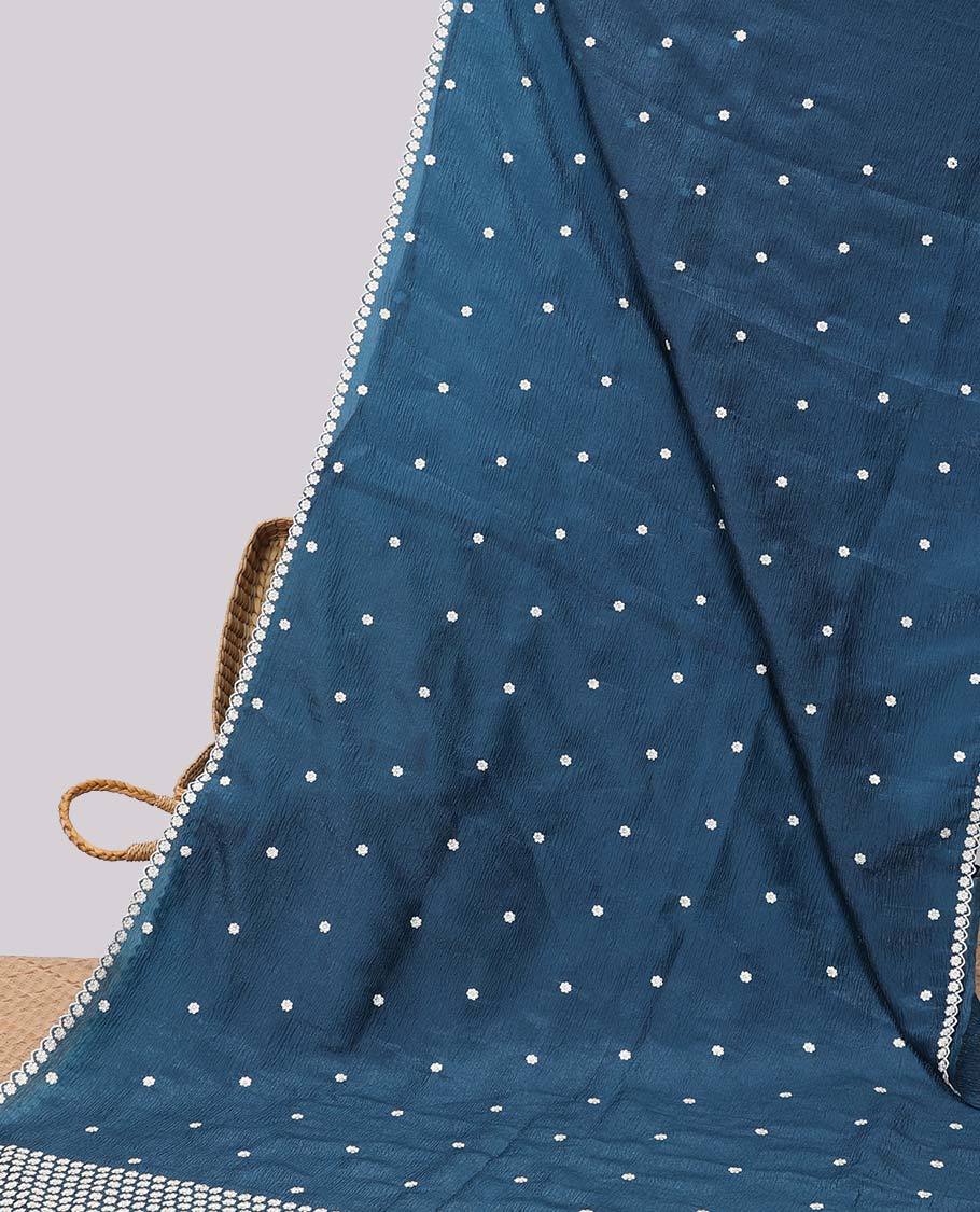 Red crushed tissue saree with all-over floral motifs embroidered & floral scallop border