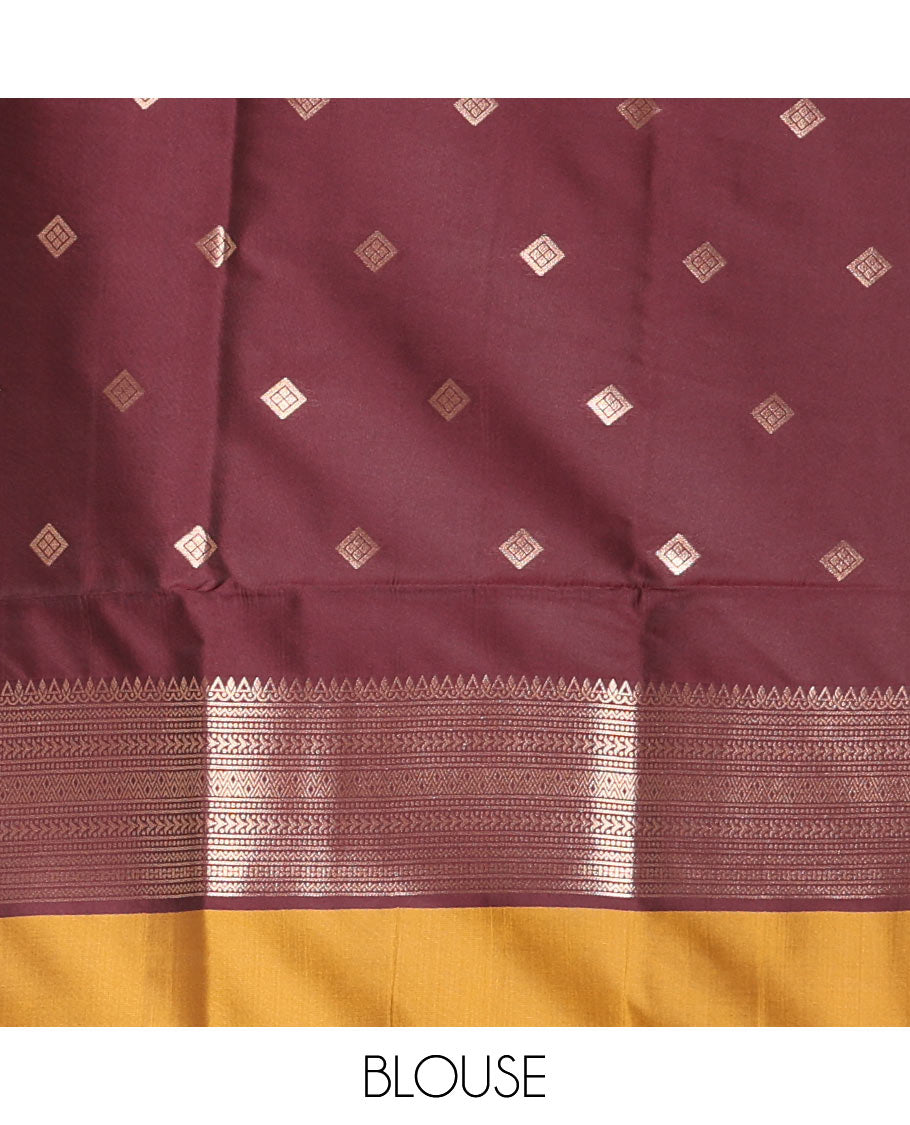 Mustard hummingbird zari buttas Mulberry silk saree, contrast hummingbird motifs temple border, intricate pallu, and contrast zari design blouse