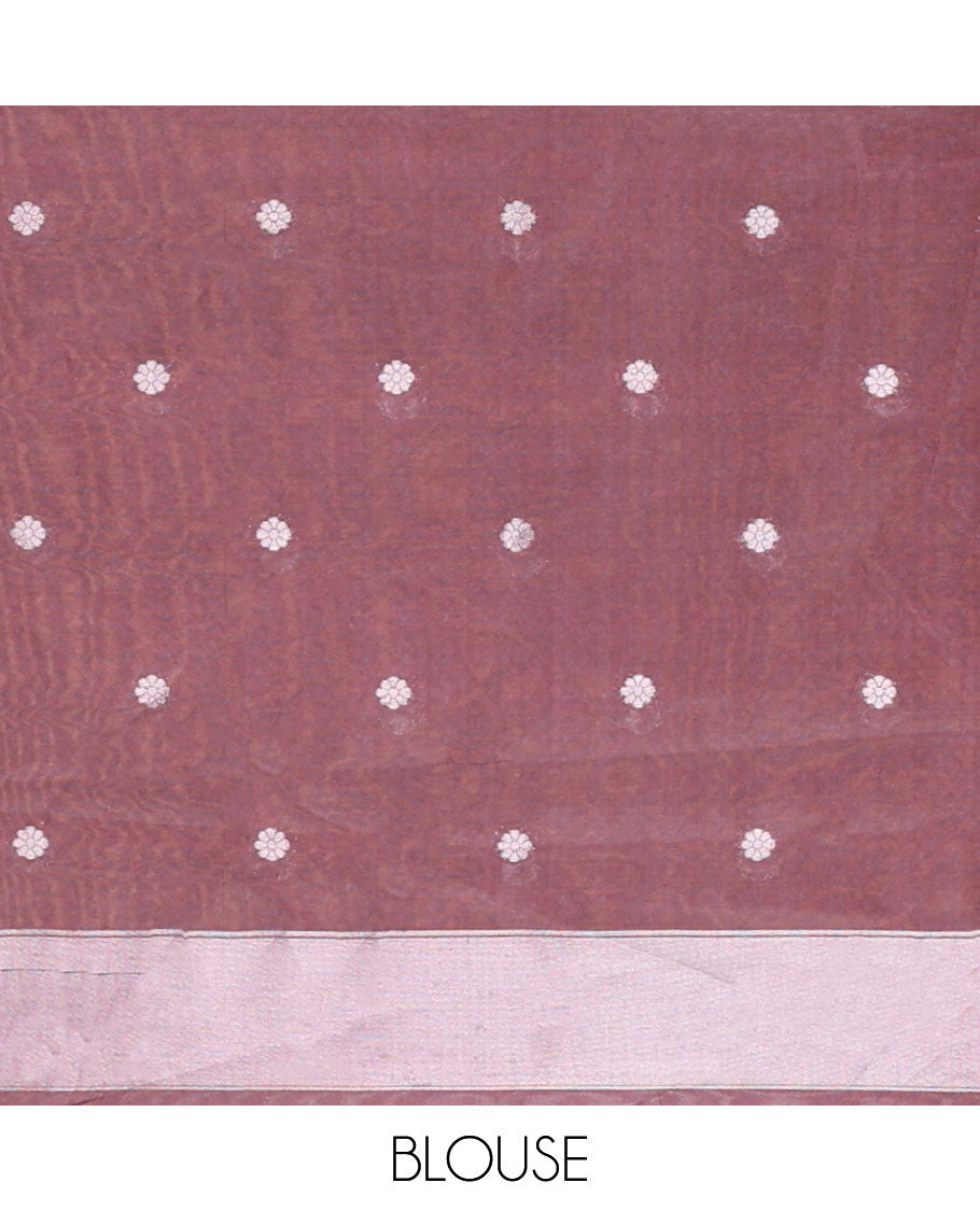 Onion pink floral , leaf traditional zari design elite silk saree with contrast floral printed border & floral design with tussels pallu