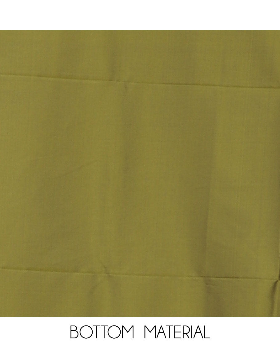 Green banarasi material chudidar set set, gold zari buttas woven top, plain bottom, and zari-rich jaal taffeta silk dupatta
