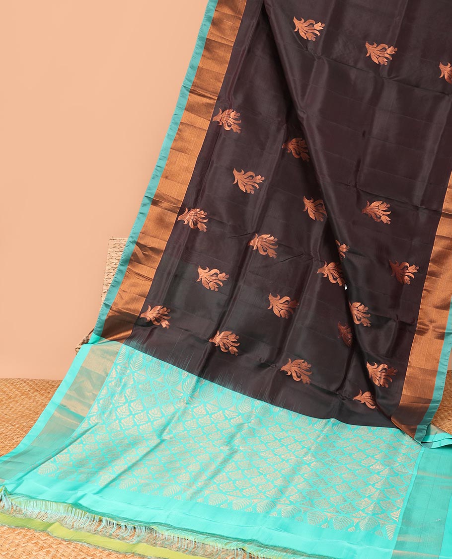Brown floral motifs semi-uppada saree with contrast zari border & zari jaal design pallu
