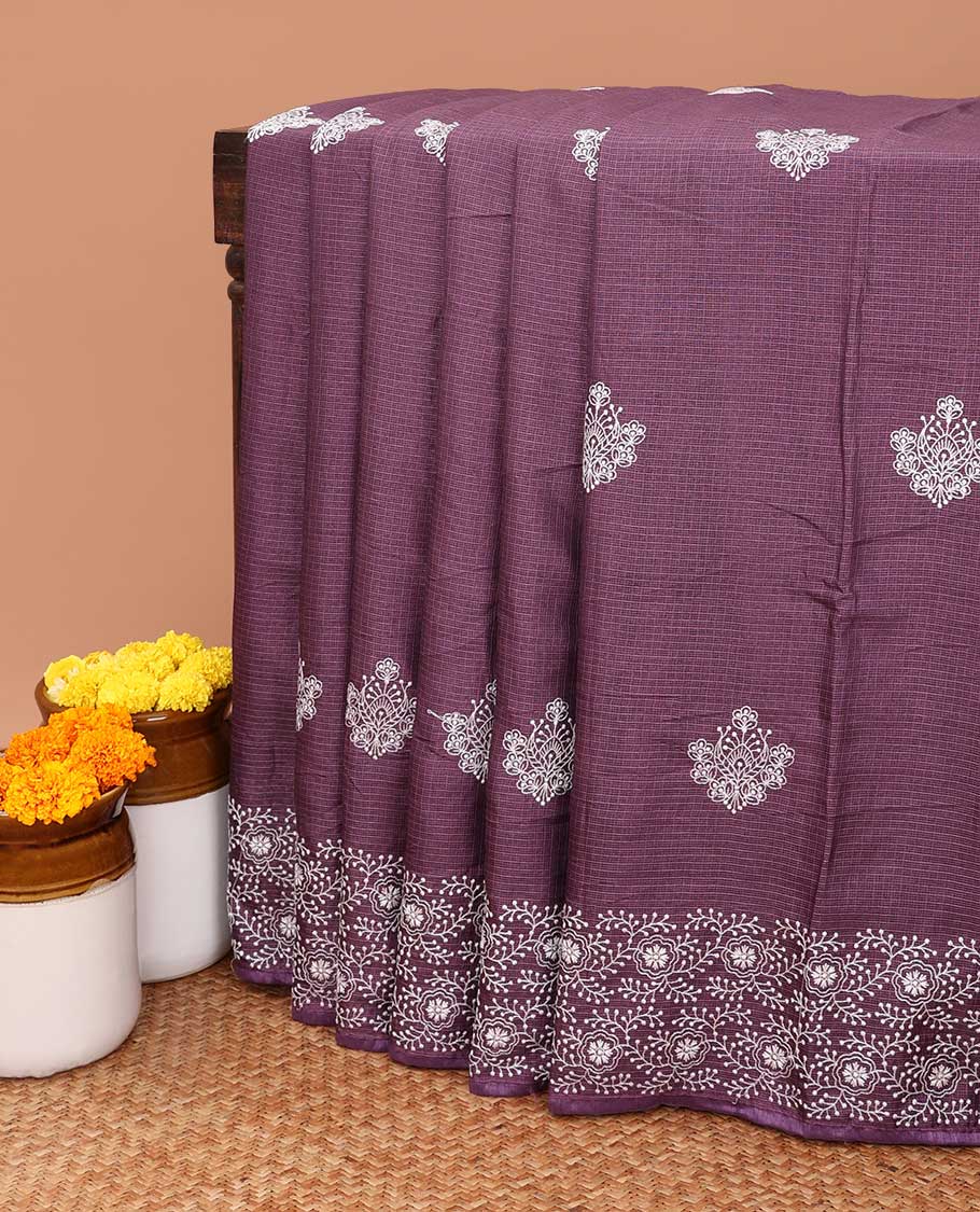 Wine allover lucknowi chikankari design kotta checks saree with running blouse