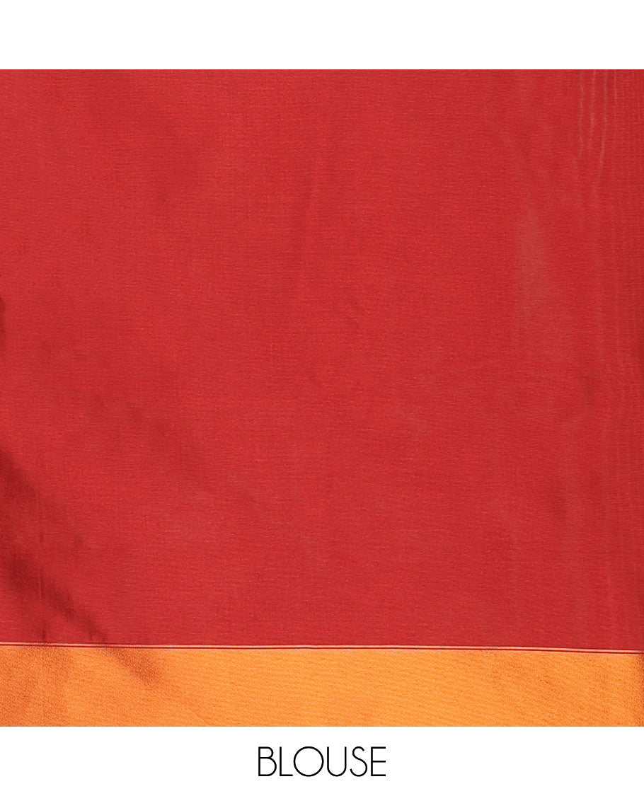 Red with green zari pochampalli weaving design mulberry silk saree with bawanchi, ikkat weaving border & rich pochampalli weaving pallu along with plain blouse