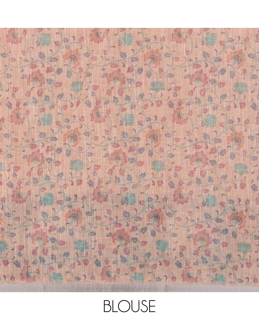 Orange mirror thread embroidered linen saree, contrast kalamkari peacock printed border, pallu of kalamkari peacock and human figurines print, and printed blouse