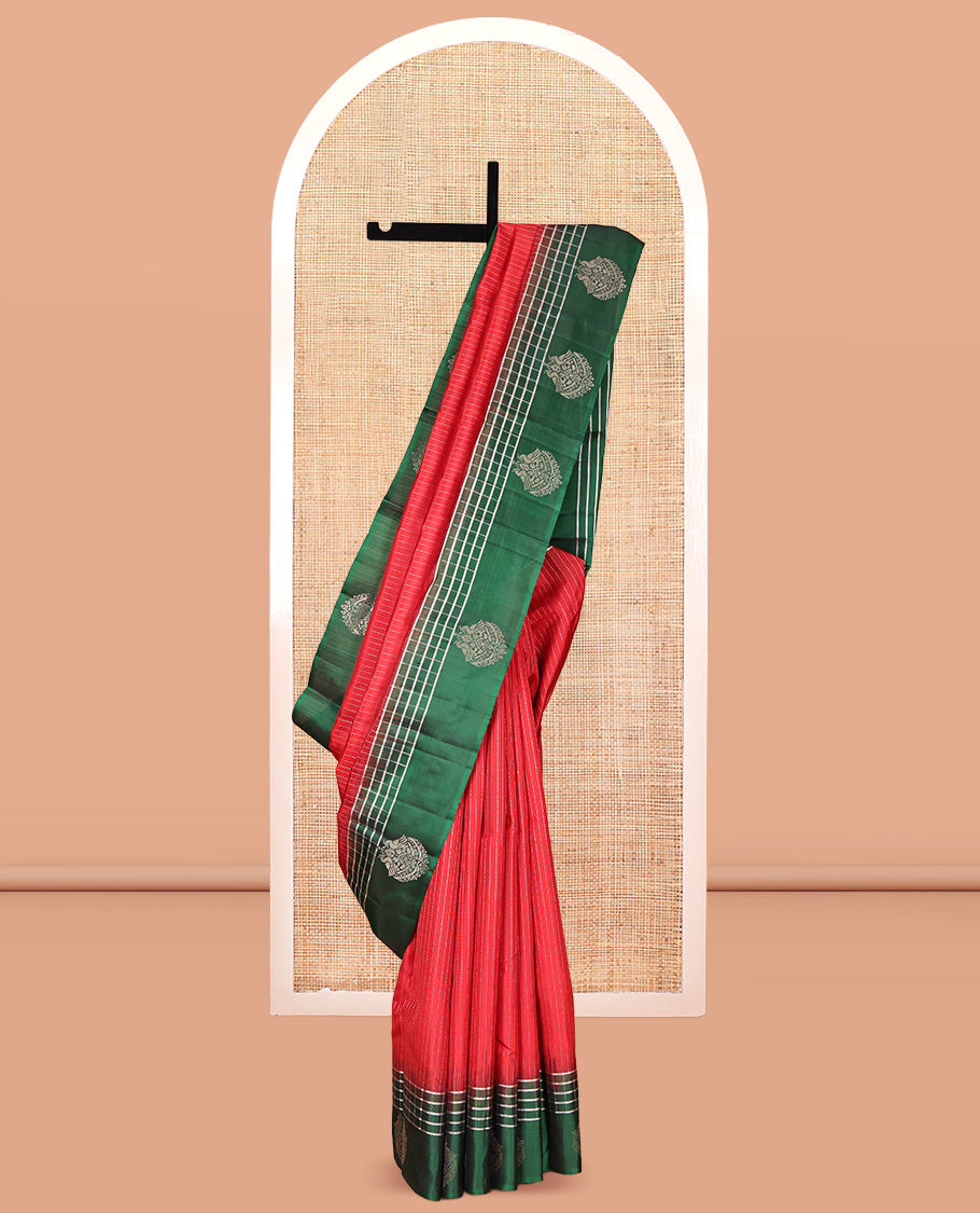 Red Kanchipuram Silk Saree, Subtly Sparkled with Stripes, a Contrast Checked Border of Peacock Buttas, Grand Jaal Pallu, and a Contrast Blouse
