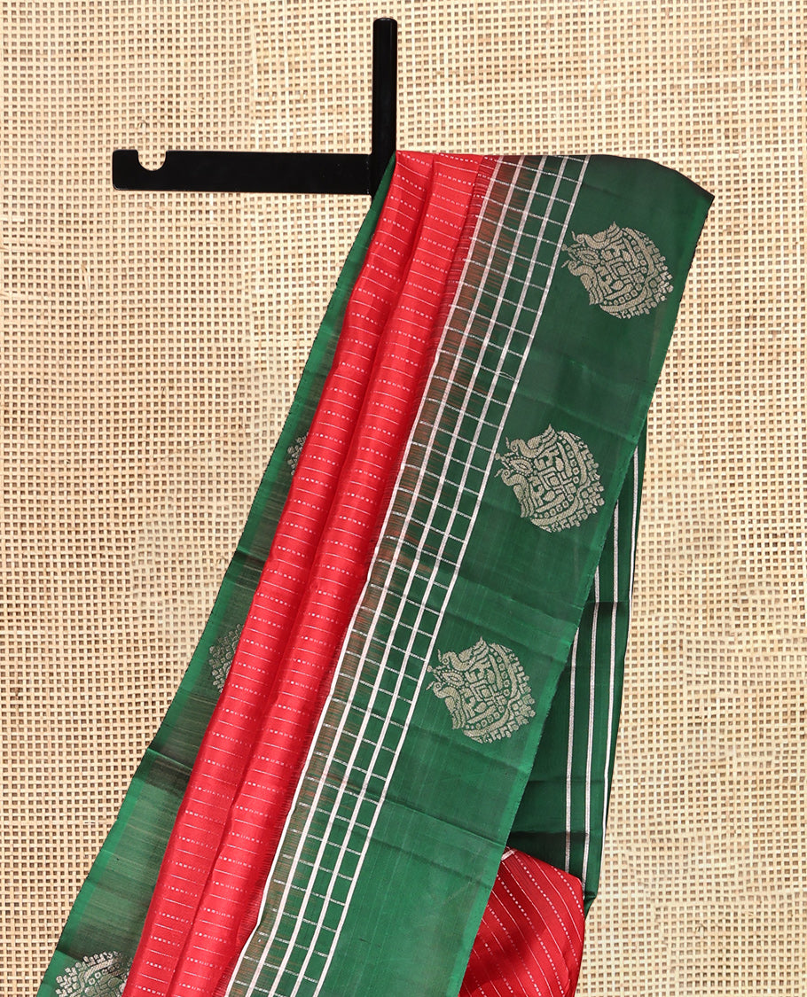 Red Kanchipuram Silk Saree, Subtly Sparkled with Stripes, a Contrast Checked Border of Peacock Buttas, Grand Jaal Pallu, and a Contrast Blouse