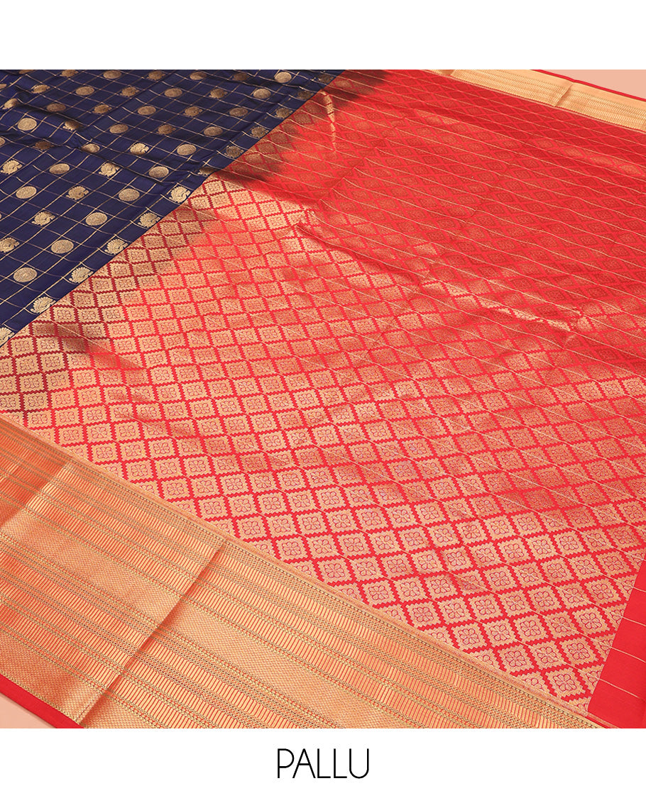 Blue Vasundhara Lite Silk Mix Saree, Grandly Decked Up With Mayil and Chakram Butta Enclosed Checks, Complemented by Contrast Zari Border, Grand Jaal Pallu and Paired with a Contrast Blouse