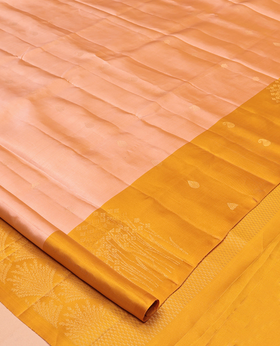Peach Mayuri Lite Silk Mix Saree, Sparsely Woven with Zari Buttas, Complemented By Contrast Border of Floral Buttas, a Grand Pallu, and a Contrast Blouse