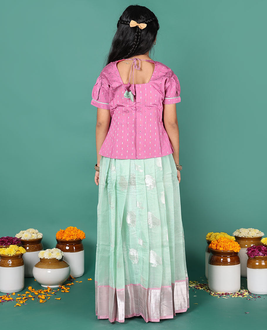 Blue readymade art silk pavadai, sparrow buttas & contrast traditional border skirt, & contrast buttas round neck puff-sleeve blouse