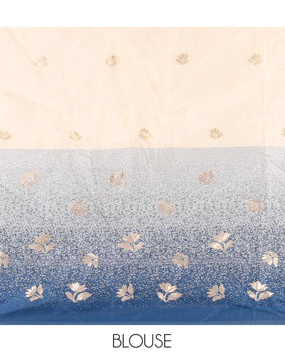 Cream-Sea Blue Semi-Silk Half-Saree Featuring Buttas Skirt, Contrast Floral Border, Matching Blouse, Contrast Syska Georgette Dhavani