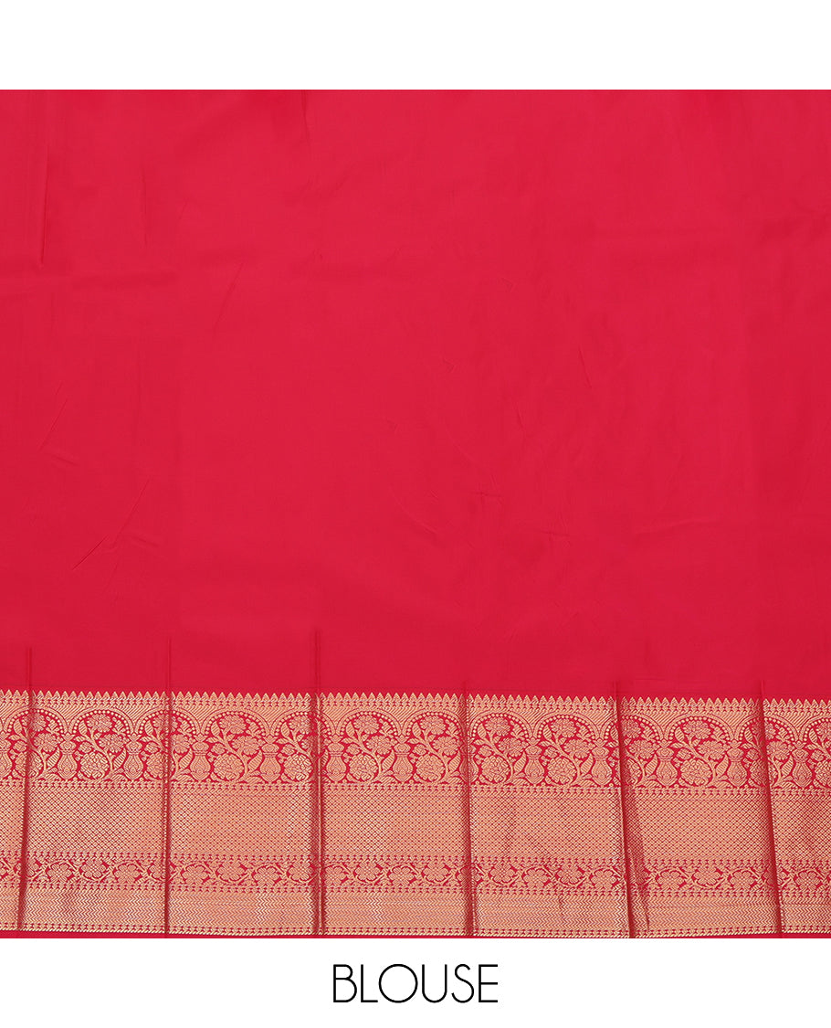 Green Budget Silk Saree, Spotlighted with Zari Buttas, Complemented by a Contrast Traditional Zari Border, Grand Pallu, and Contrast Blouse