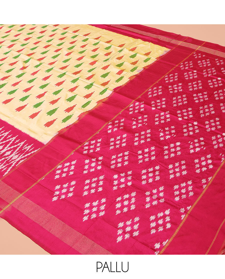 Sandal Ikkat Silk Saree, Beautifully Bedecked with Ikkat Temple Buttas All Over Its Body, Complemented by a Contrast Border of Jaal Designs, Pallu Steeped with Ikkat Buttas, and Paired with a Contrast Blouse