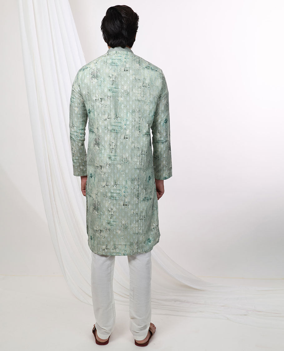 Mint green abstract design mandarin collar & full-sleeve long raw silk kurta