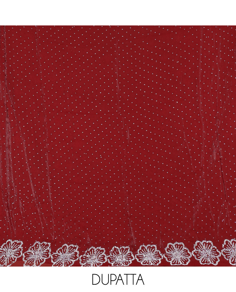 Magenta velvet organza material chudidar set, micro stone embedded with floral micro-stone embroidered top, Italian crepe bottom, and micro stone embroidered dupatta