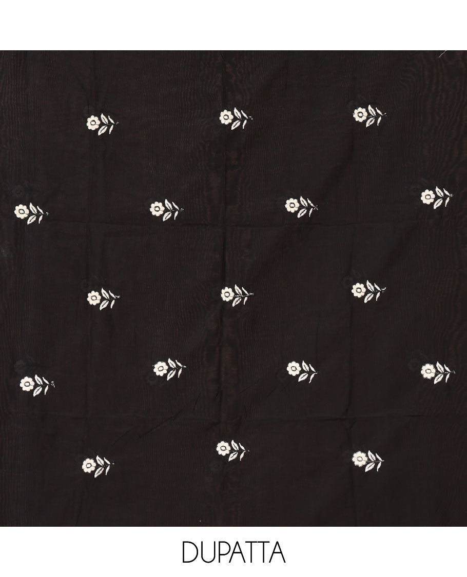 Black material chudidar set, floral print & neck patch embroidery cotton top, plain bottom & floral motifs mul chanderi dupatta