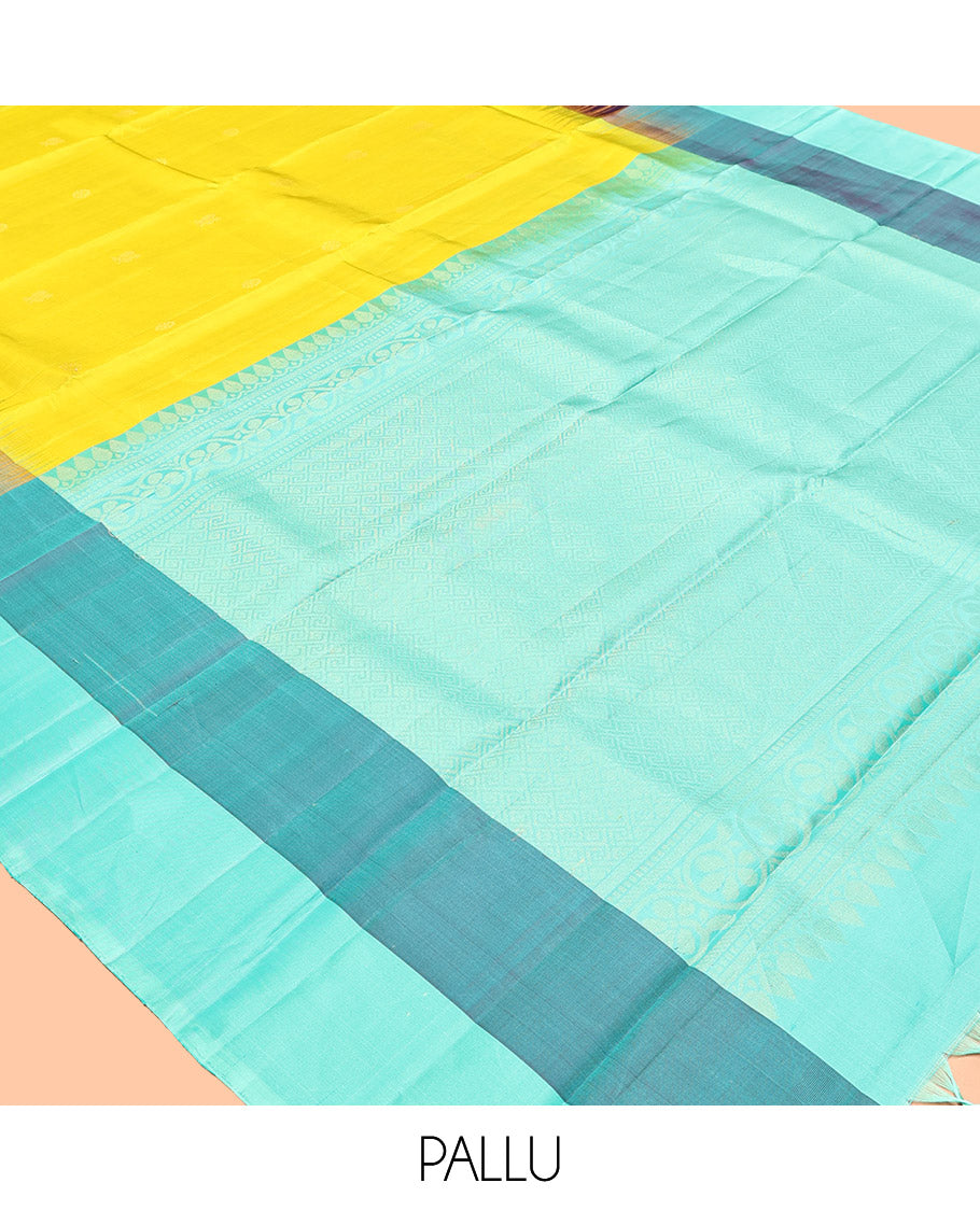 Yellow Kanchipuram Silk Saree, Sparsely Woven with Buttas, a Contrast Checked Sparsely Woven Border, Jaal Pallu, and a Contrast Blouse
