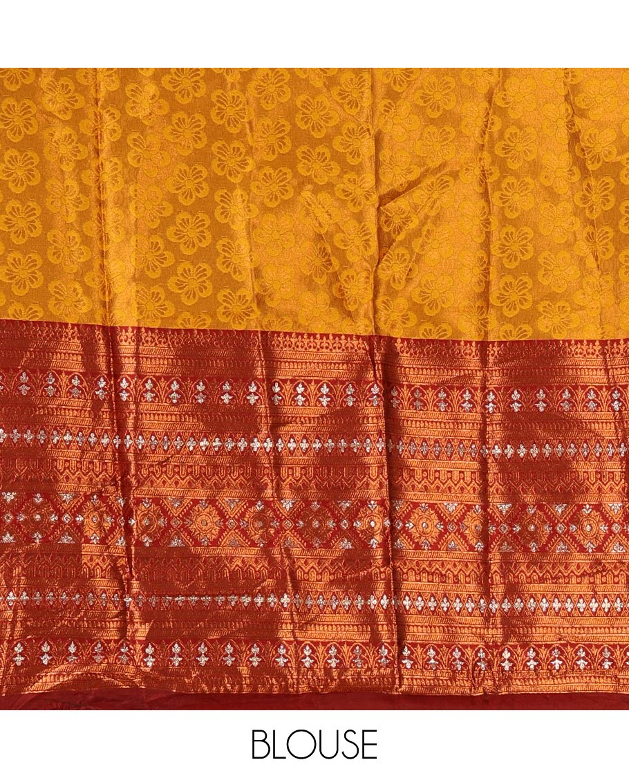 Mustard semi-banaras half-saree, embossed & contrast traditional zari border skirt,blouse of embossed & zari work & contrast-maroon zari design dhavani