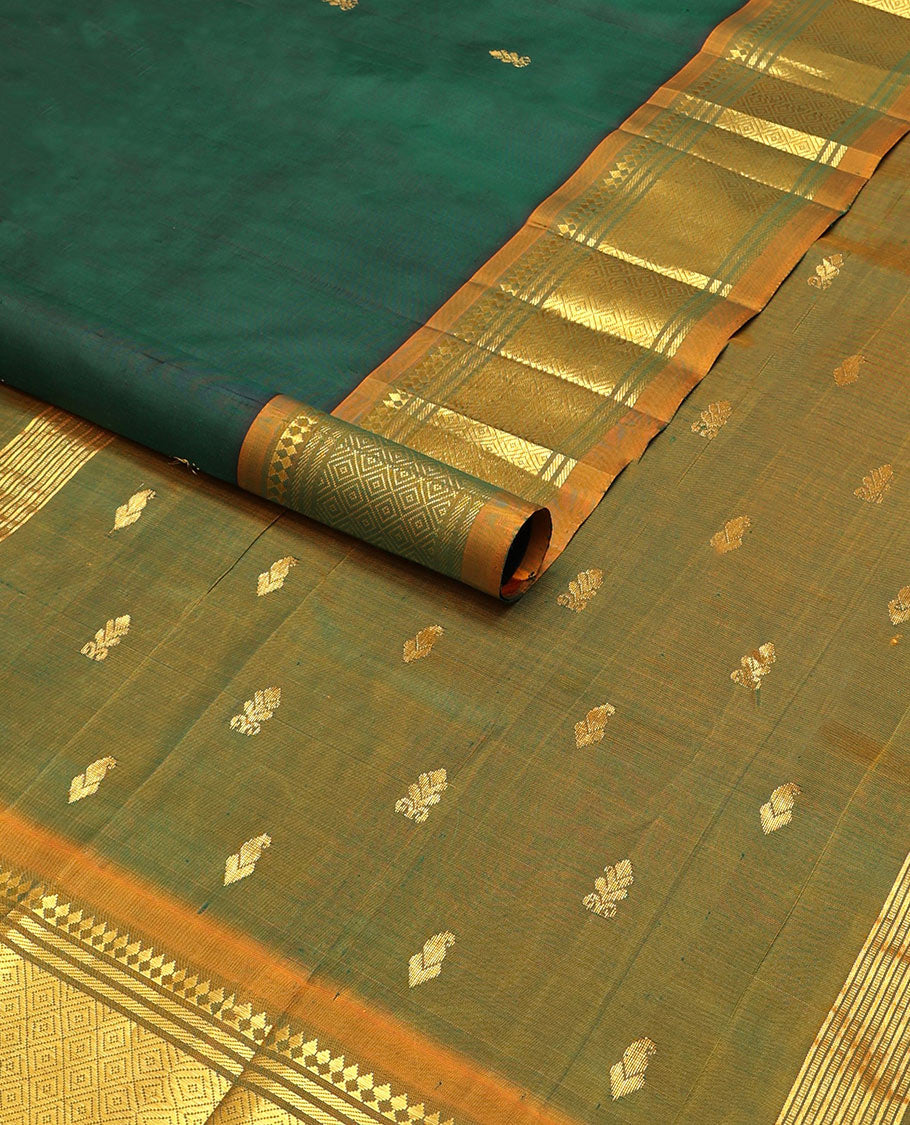 Bottle green buttas kancheepuram silk saree with contrast border of thilakam, mokku, banaras, kuyil kann design border & zari design pallu