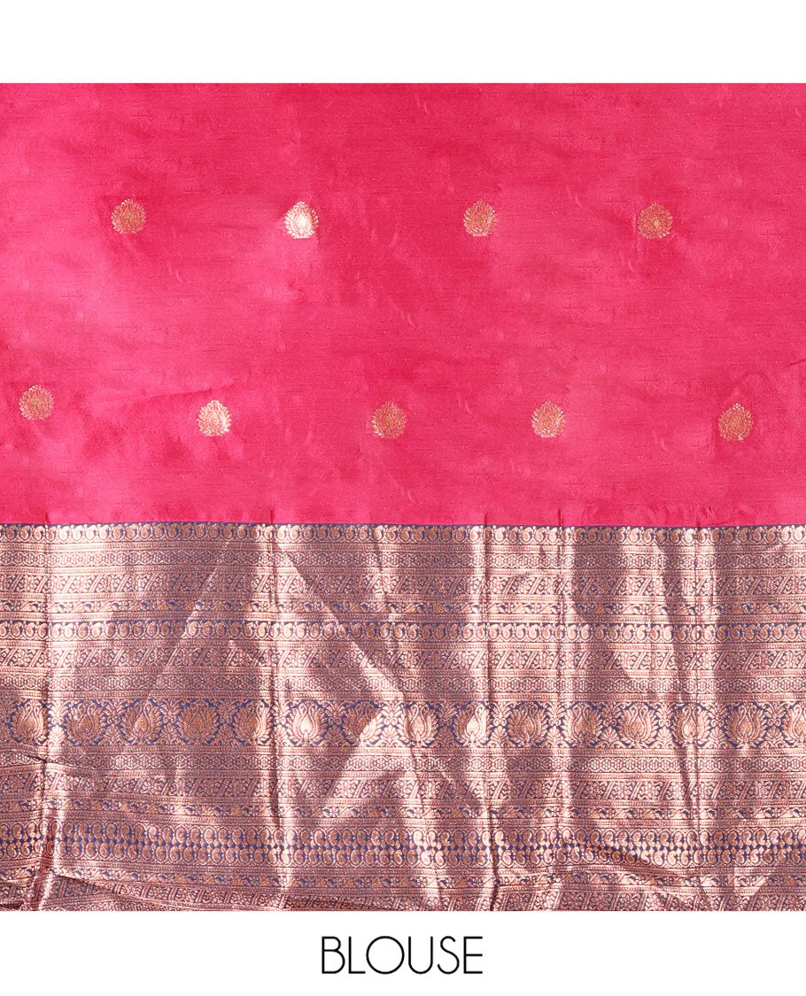 Pink and Blue Semi-Banarasi Half-Saree, Detailed with Zari Buttas on Its Skirt, Complemented by a Contrast Traditional Zari-Design Border, Paired with a Matching Blouse, and a Contrast Satin Georgette Zari-Bordered Dhavani