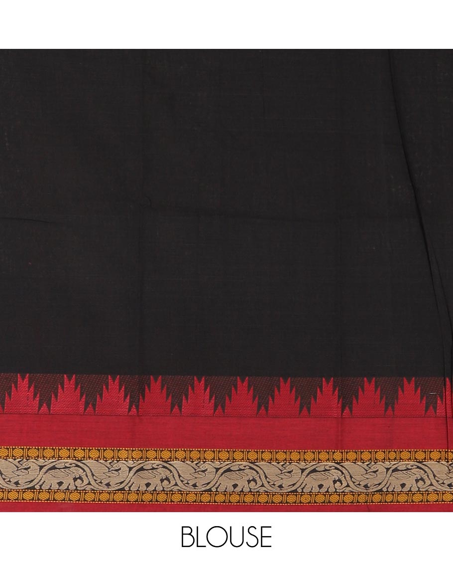 Black mercedised cotton half-saree, contrast traditional resham thread border skirt, matching blouse & contrast maroon thread border georgette dhavani