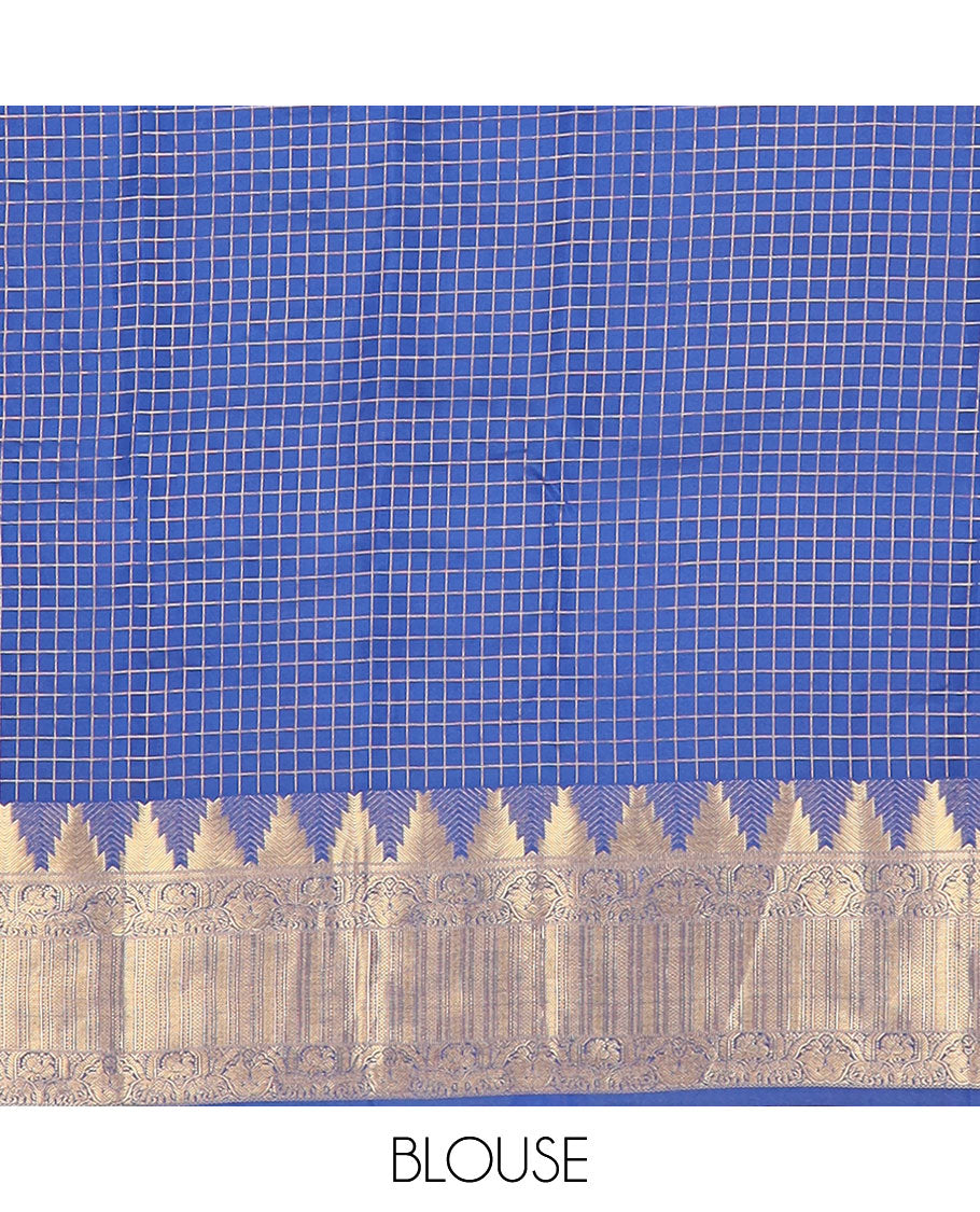 Blue checked vasundhara silk mix saree, jaal pallu & zari border of thazampoo rekku,mayil,annam,yaanai,kathir,neli & kuyil kann