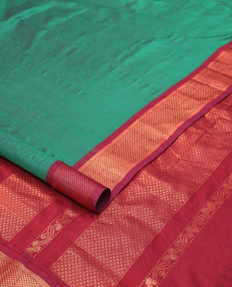 Green nine yards cotton saree with contrast checked design border & intricate zari design pallu