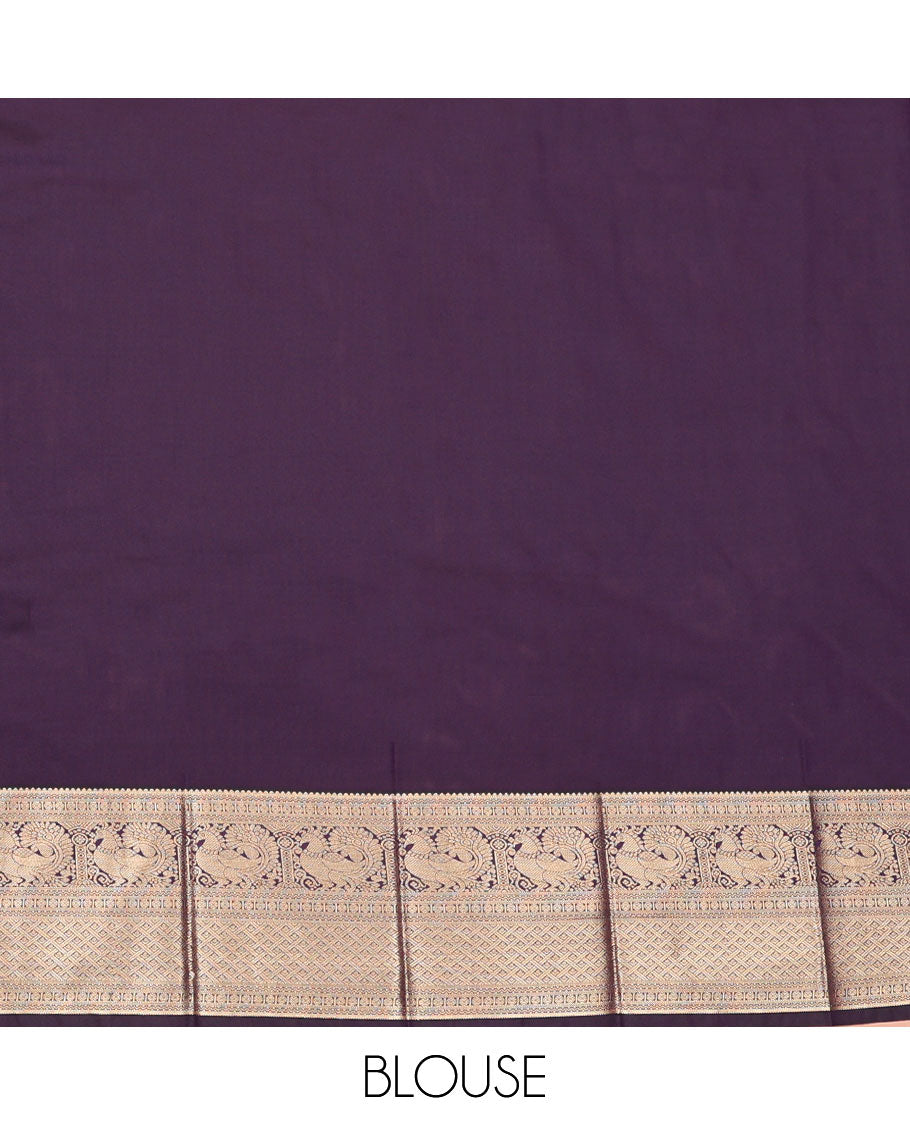 Violet Budget Silk Saree, Beautified with Zari Buttas and Stripes All Over Its Body, Highlighted by a Traditional Zari Design Border of Peacocks, Pallu of Jaal Designs, and Paired with a Matching Blouse