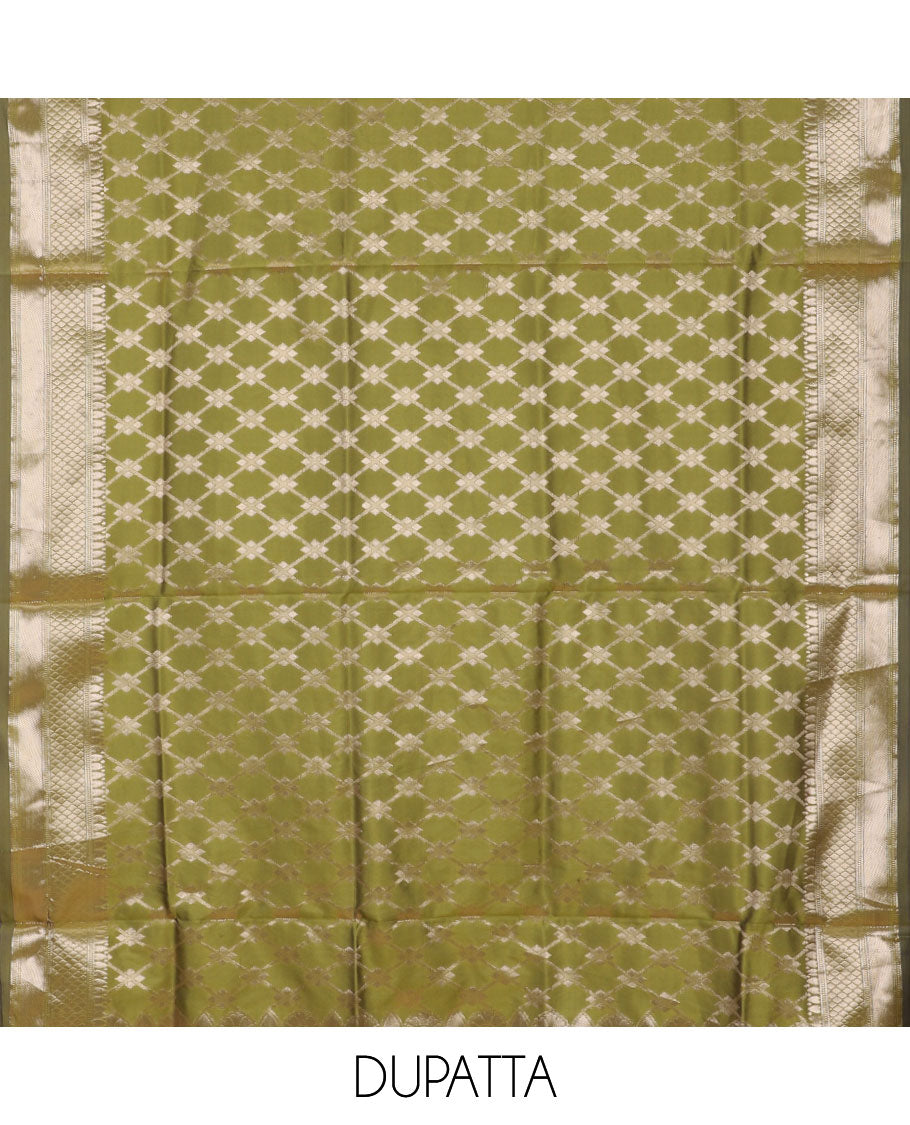 Green banarasi material chudidar set set, gold zari buttas woven top, plain bottom, and zari-rich jaal taffeta silk dupatta