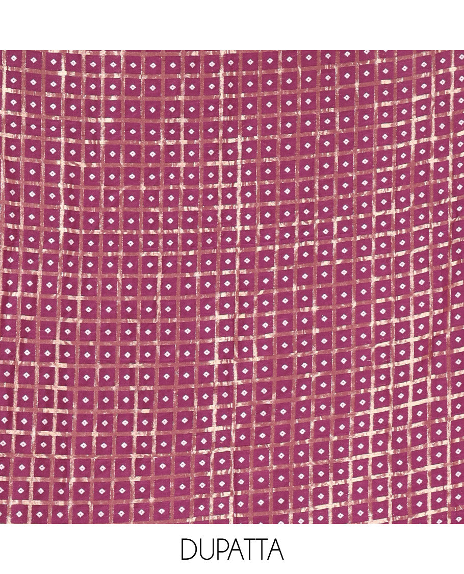Purple Vichitra Silk Material Churidar Set, Subtly Made Plain Top, a Plain Santoon Bottom, and Paired with a Vichitra Silk Bandhani Dot Enclosed Checked Dupatta