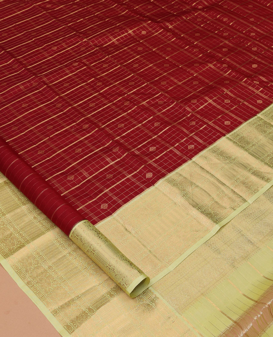 Red Vasundhara Silk Saree, Woven with Zari Buttas and Checks, a Contrast Border of Mayil, and Meen Designs, a Grand Pallu, and a Contrast Blouse