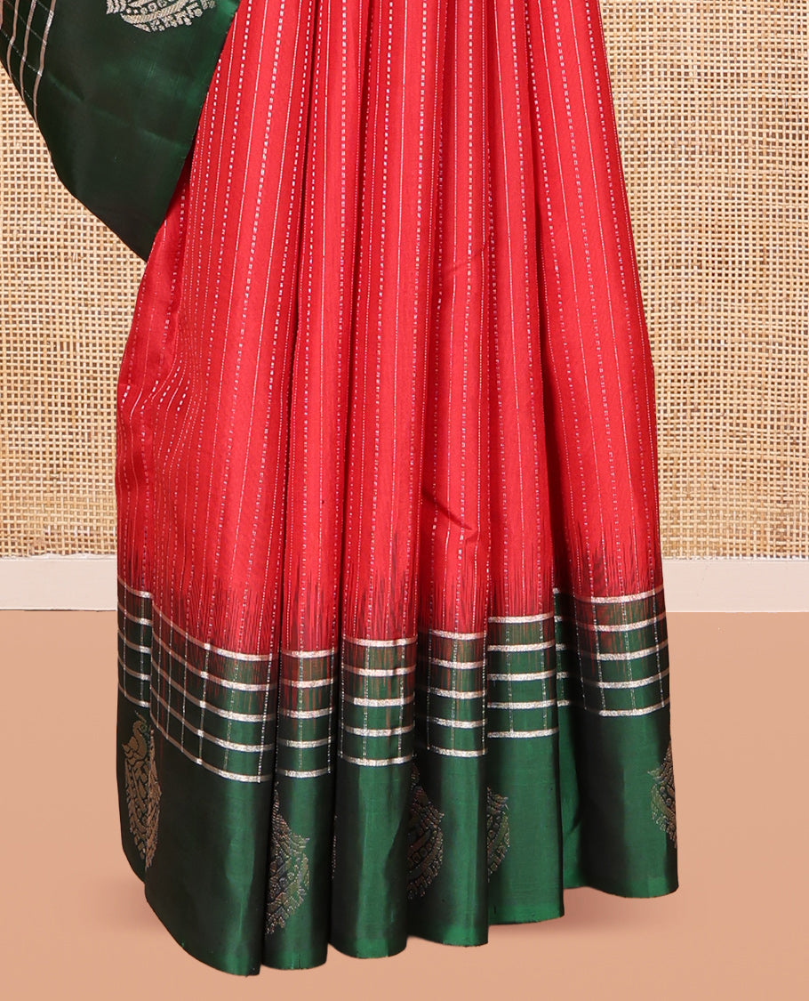 Red Kanchipuram Silk Saree, Subtly Sparkled with Stripes, a Contrast Checked Border of Peacock Buttas, Grand Jaal Pallu, and a Contrast Blouse