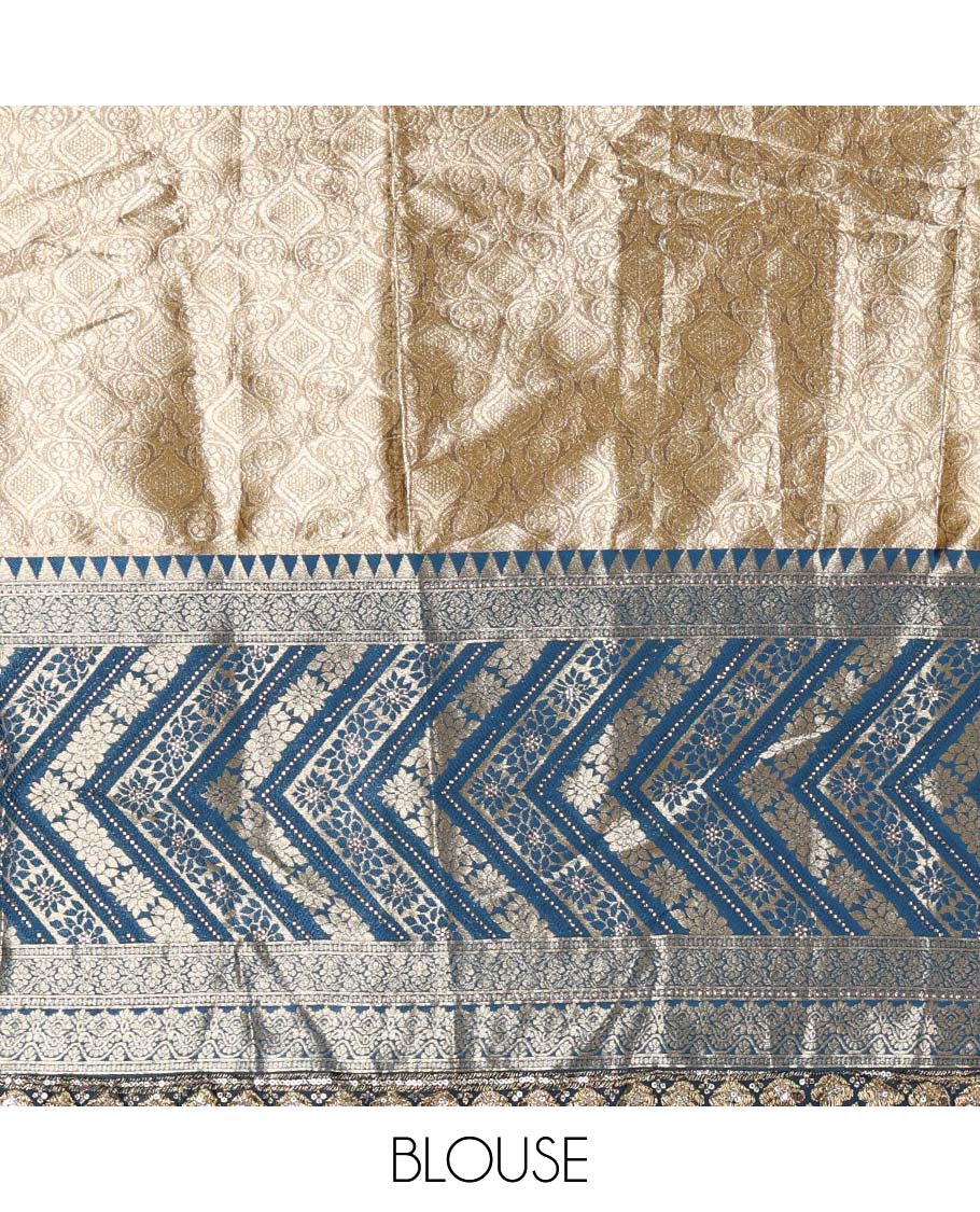 Gold banaras half saree, ogee skirt, contrast peacock blue traditional zari border, matching blouse, and Syska georgette embroidered dhavani