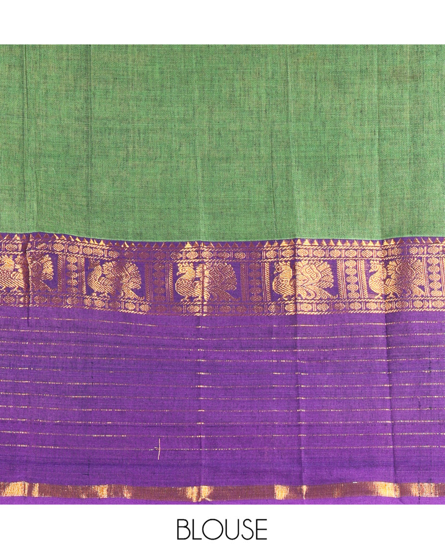 Green-Blue Mercerised Cotton Half Saree Features a Plain Skirt, a Contrast Traditional Zari Border, a Matching Blouse, and a Contrast Dhavani