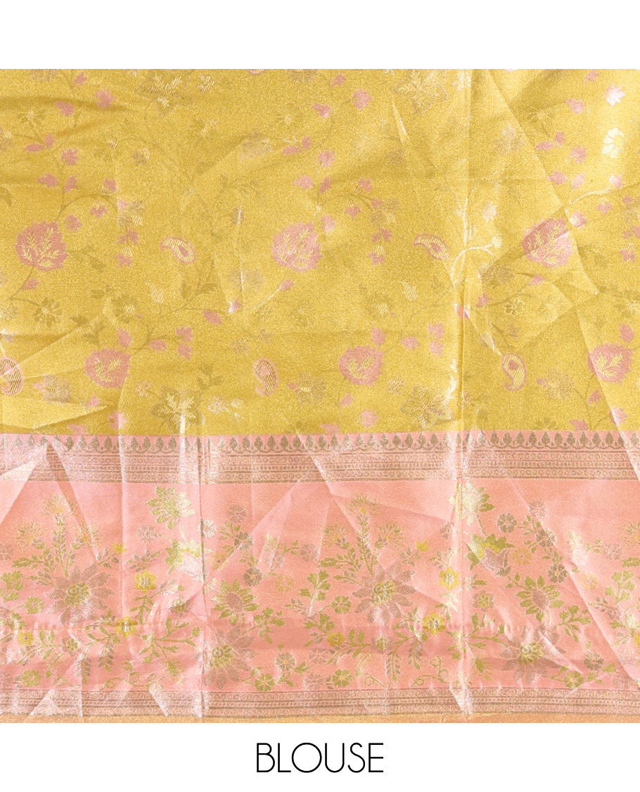 Yellow banarasi half-saree, floral jaal thread weave with contrast floral thread bordered skirt, a matching blouse, and scallop embroidered dhavani with belt
