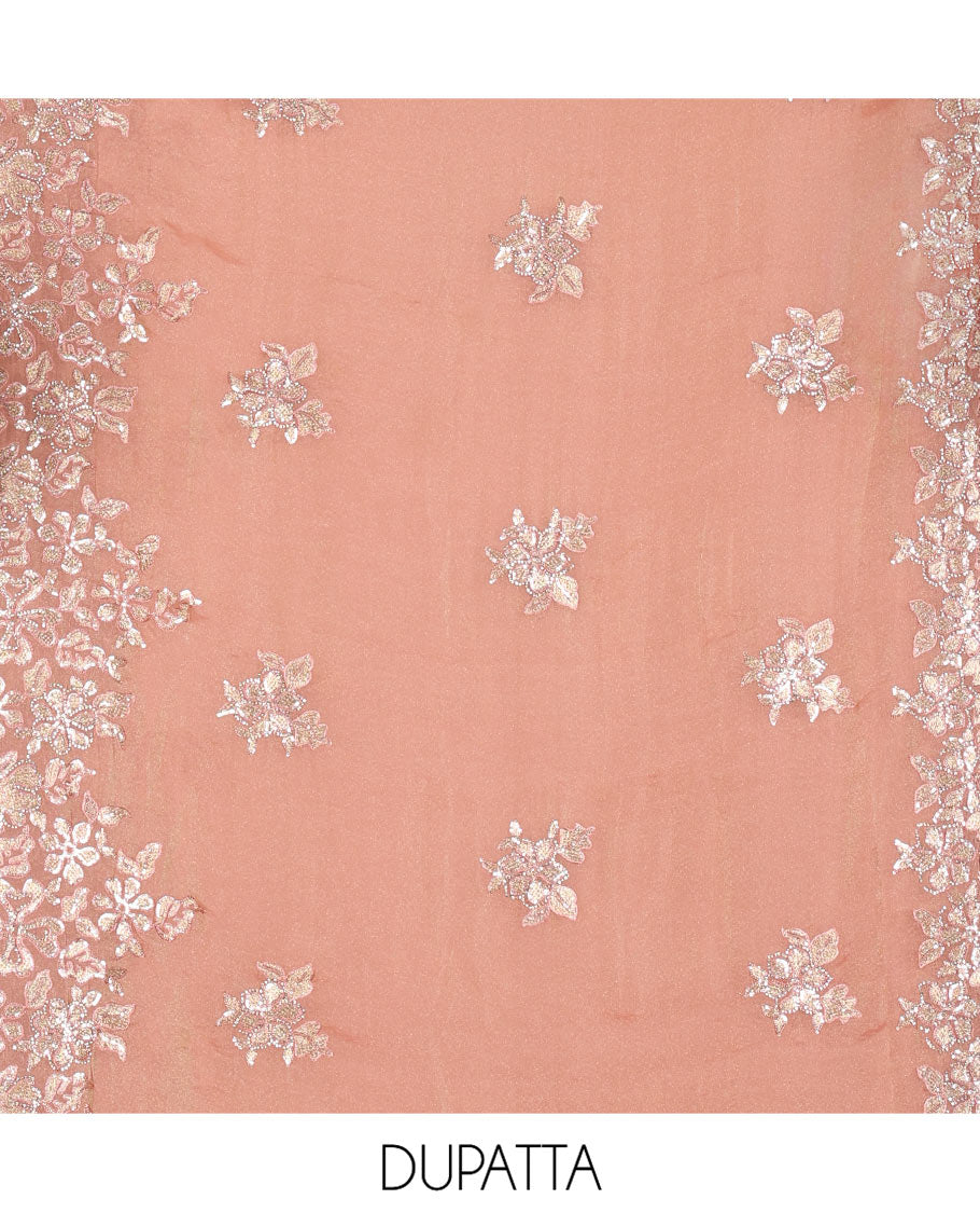 Peach Material Churidar Set, Artfully Detailed with an Floral Motifs Embroidered on Its Nc Moss Organza Top, Plain Santoon Bottom, and Nc Moss Organza Scallop Dupatta of Floral-Leaf Embroidery