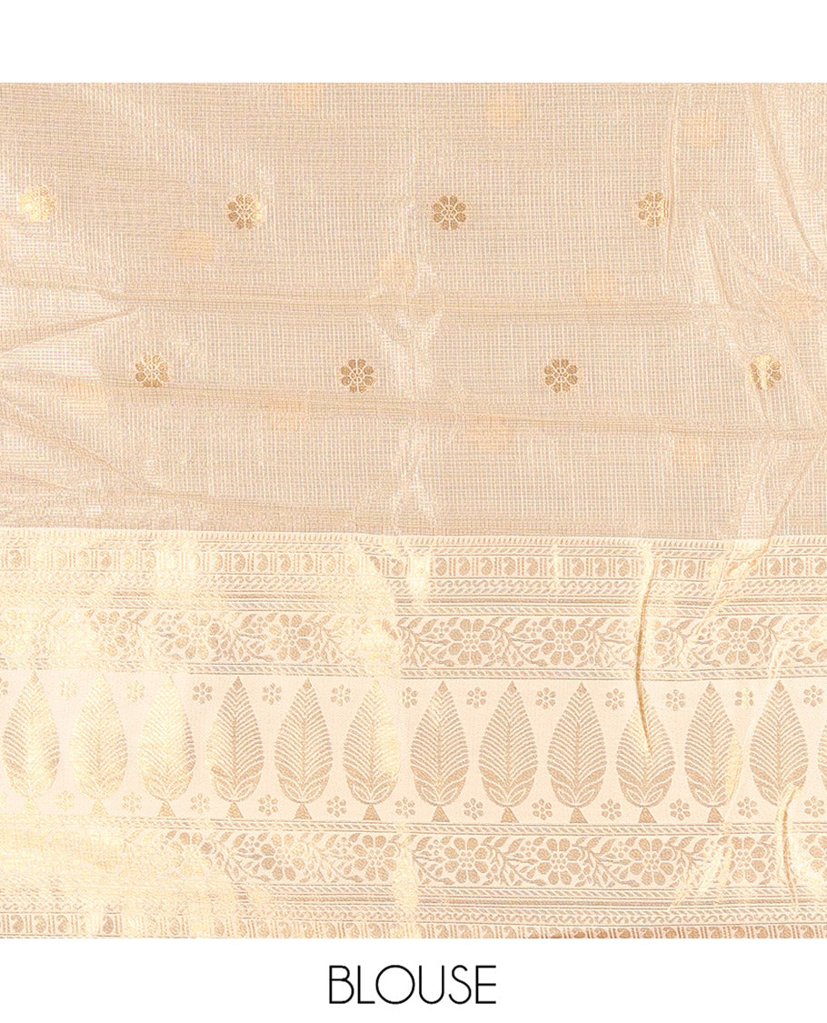 Chikku-Green Banaras Kota Half-Saree, Zari Buttas Skirt, Traditional Border, Matching Blouse, Contrast Organza Sequins Dhavani