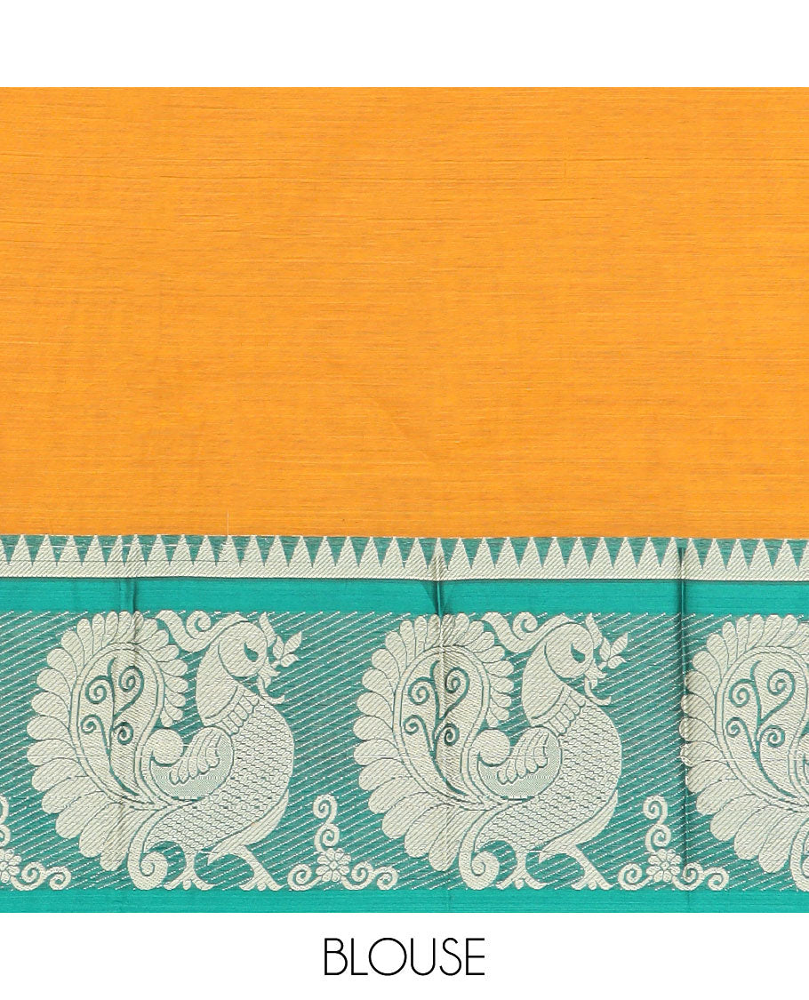 Mustard cotton half saree with contrast peacock design border, zari design blouse & plain , zari design border dhavani