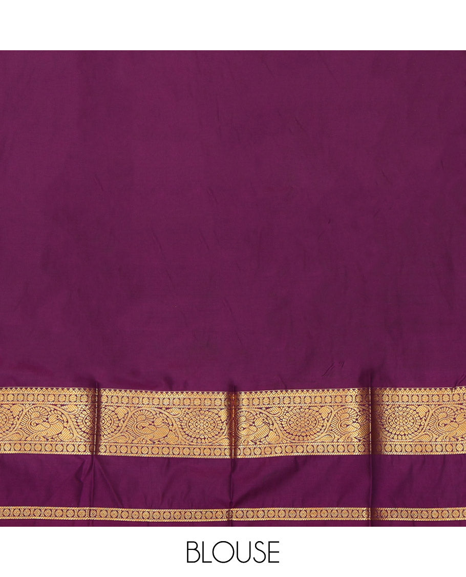 Wine Budget Silk Saree, Enlivened with Peacock-Floral Buttas, a Contrast Traditional Zari Rettai Pettu Border, a Jaal Pallu and a Contrast Blouse