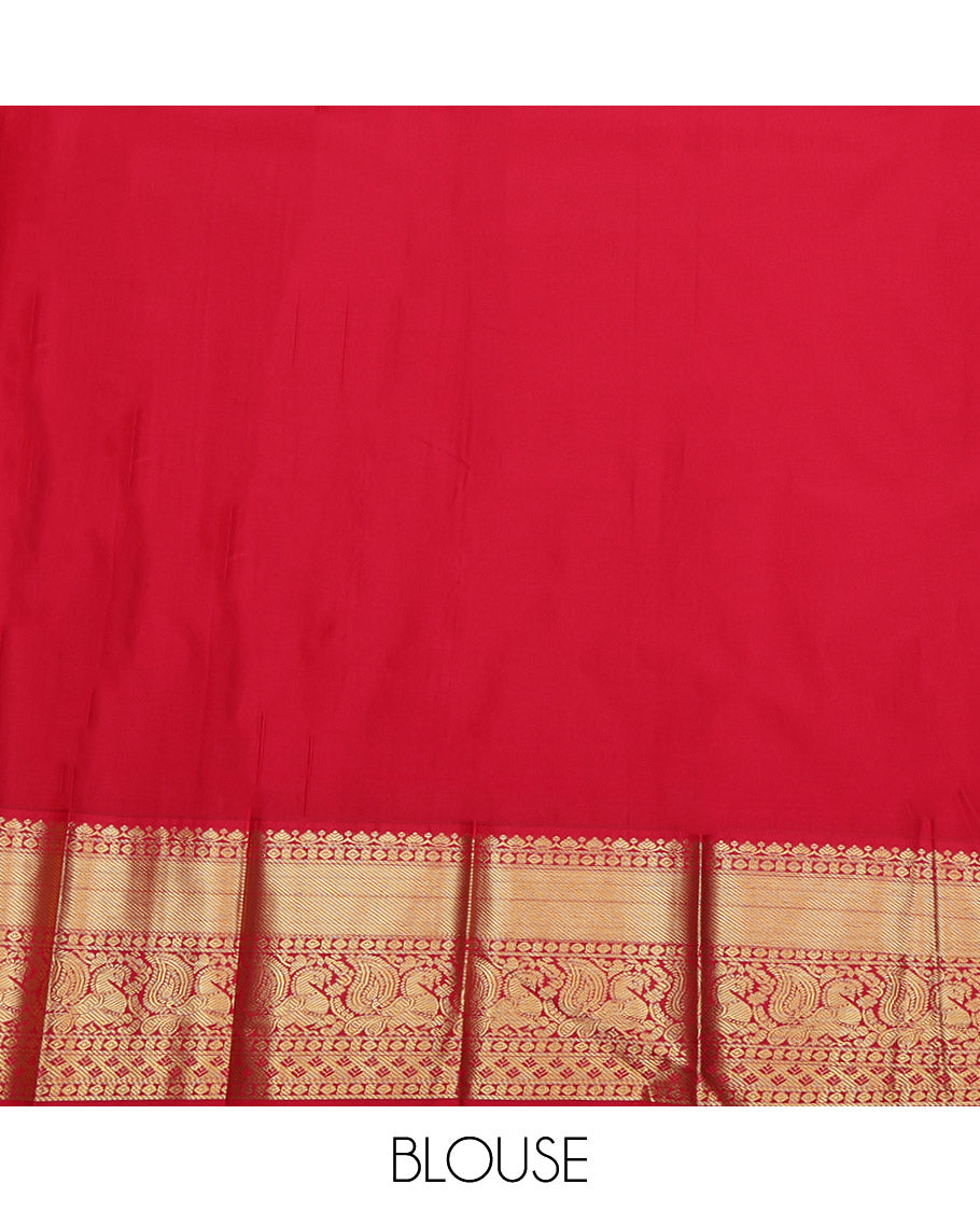 Baby Pink Budget Silk Saree, Subtly Enriched with Zari Buttas Enclosed Checks All Over Its Body, Complemented by a Contrast Traditional Zari Border of Peacock Designs, Pallu of Mughal-Style Intricate Designs, and Paired with a Contrast Blouse
