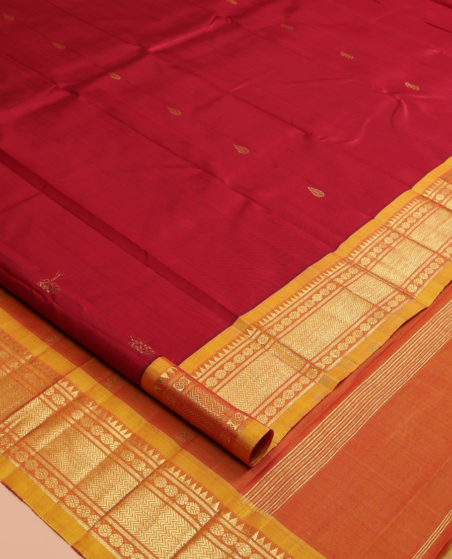 Red Kanchipuram Silk Saree, Woven with Zari Buttas, a Contrast One-Sided Border of Rekku, Banaras, and Vanki Designs, Zari Design Pallu, and No Blouse