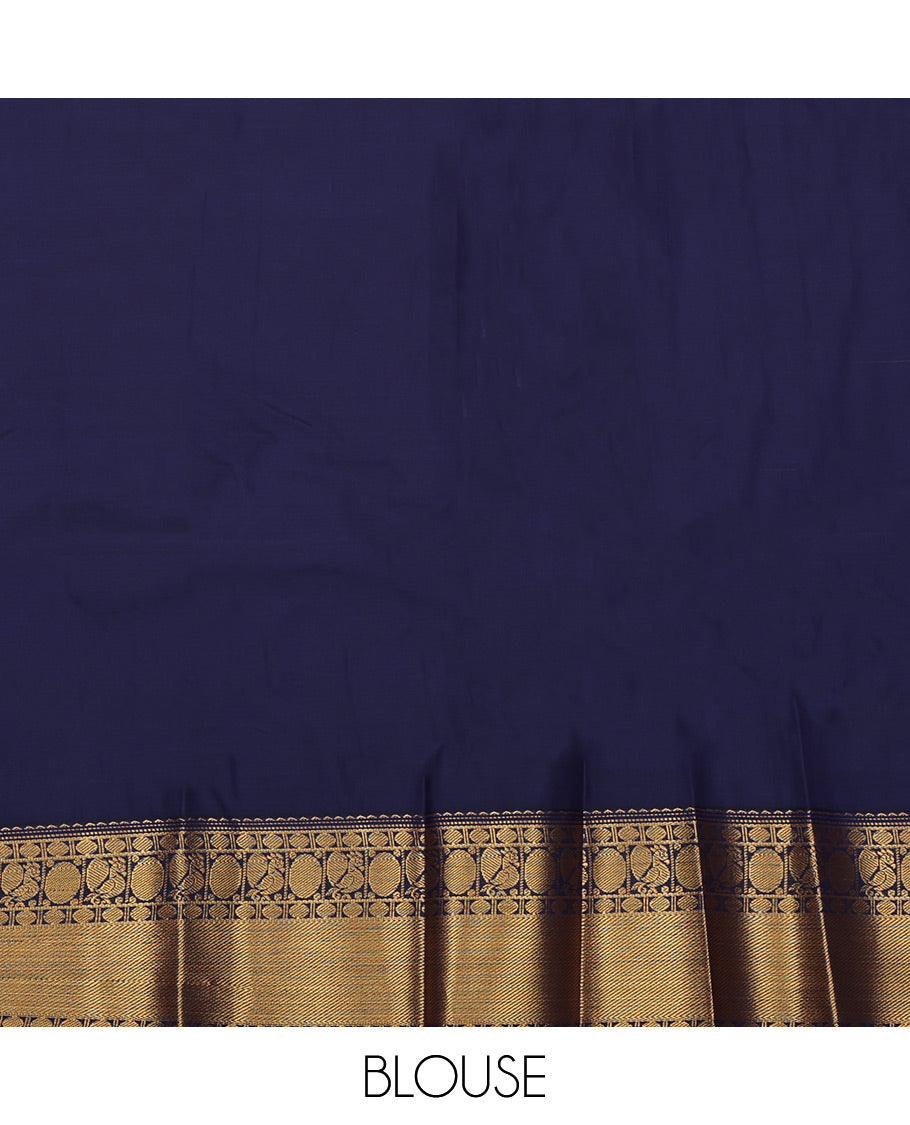 Green Budget Silk Saree, Elevated with Zari Buttas All Over Its Body, Complemented by a Contrast Traditional Zari Peacock-Rudraksham Border, Grand Pallu, and Paired with a Contrast Blouse
