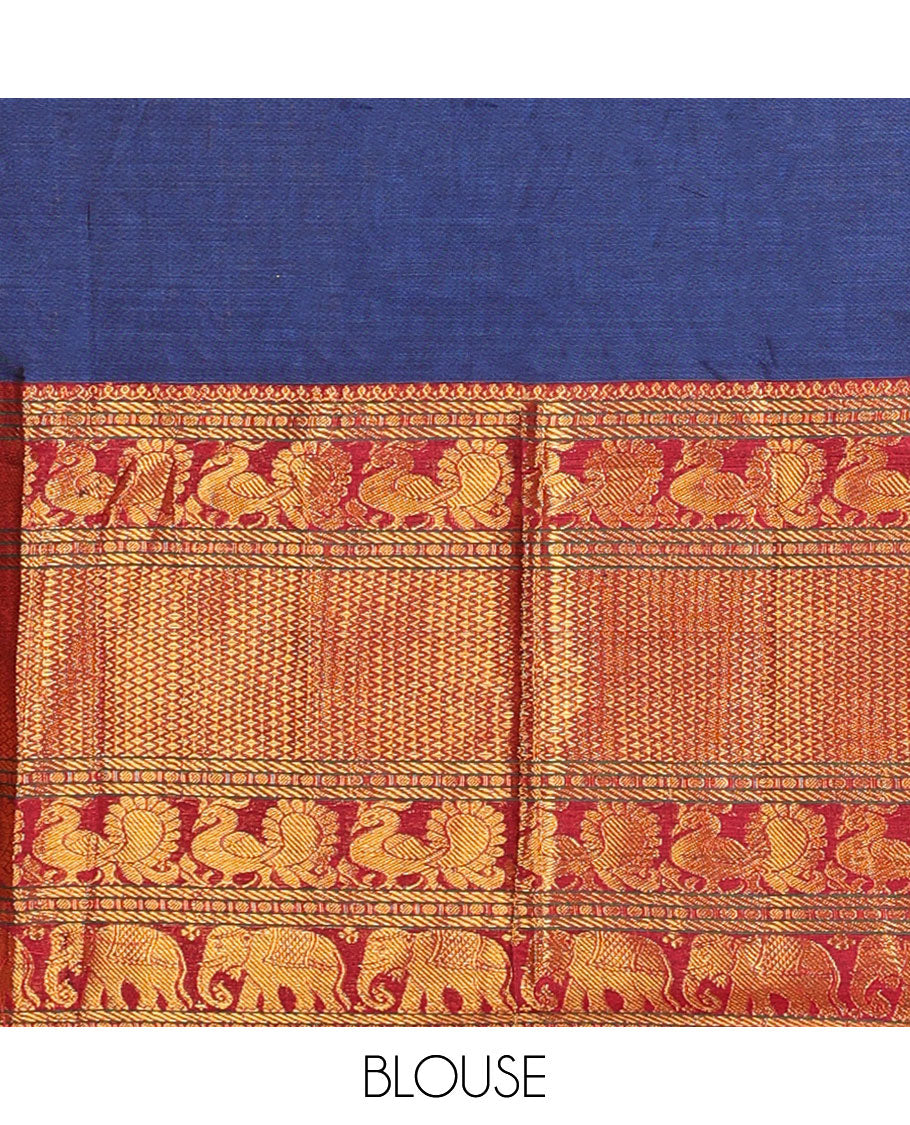 Dark blue cotton half saree with contrast traditional zari design border, zari design blouse & plain, zari design border dhavani