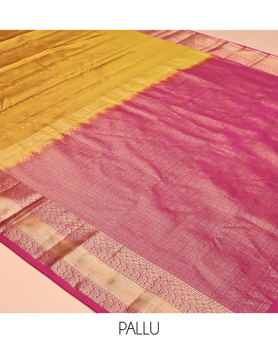 Yellow Vasundhara Lite Silk Mix Saree, Woven with Zari Buttas, a Contrast Border of Chakram and Manga Designs, Grand Pallu, and a Contrast Blouse