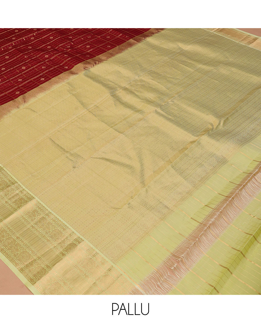 Red Vasundhara Silk Saree, Woven with Zari Buttas and Checks, a Contrast Border of Mayil, and Meen Designs, a Grand Pallu, and a Contrast Blouse